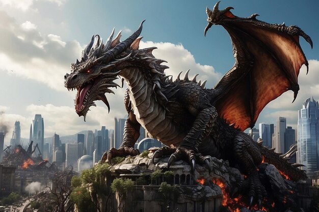 A mighty dragon in the city on a flight of destruction