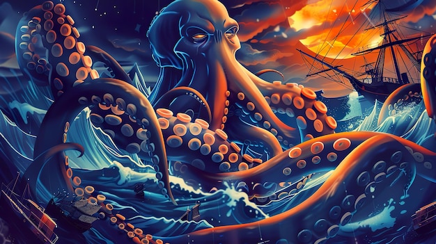 Mighty Kraken rising from the depths of the ocean tentacles entwined with ancient shipwrecks