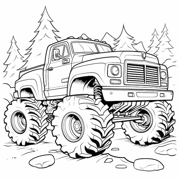 Mighty monster trucks black white coloring book page with bold thick lines