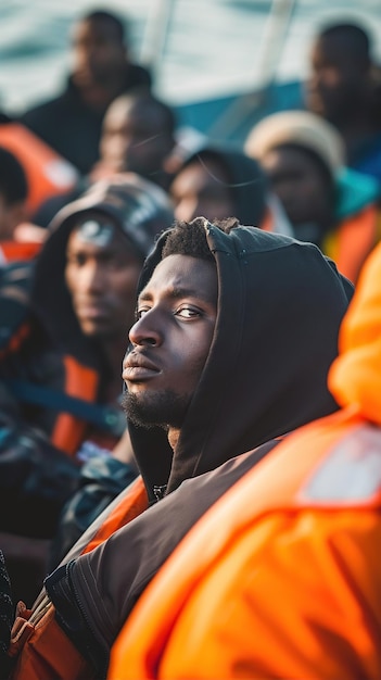 Migrants on boat in mediterranean sea