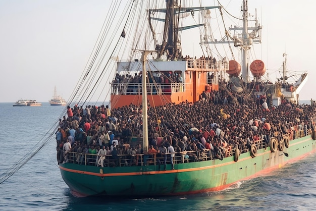 Migrants in an overcrowded boat cross the sea A ship glides on the ocean at sunset amidst water