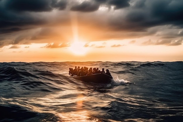 移民と難民が船で危険な旅をします