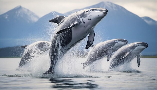 Photo the migration of whales or dolphins focusing on the sheer scale and grace of these marine mammals