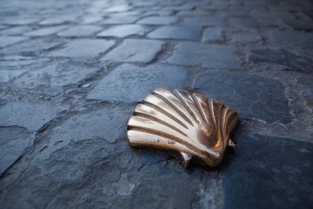 Mijlpaal in de vorm van een schelp in de stoep