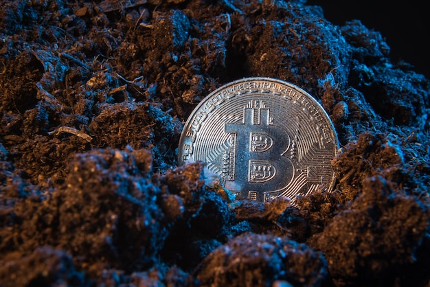 Mijnbouw cryptovaluta - Bitcoin. Online geldmuntstuk in de vuilgrond.