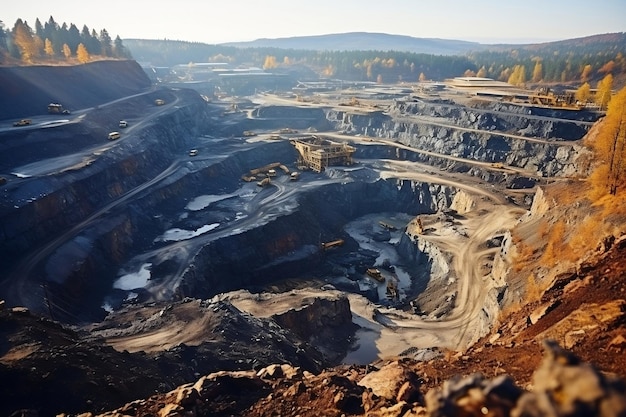 Mijnbouw op industriële terrassen op hoogte op een minerale berg Generatieve AI