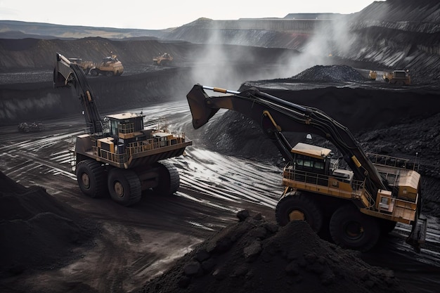 Mijnsite met mijnwerkers en machines die steenkool uit de aarde halen, gemaakt met generatieve AI
