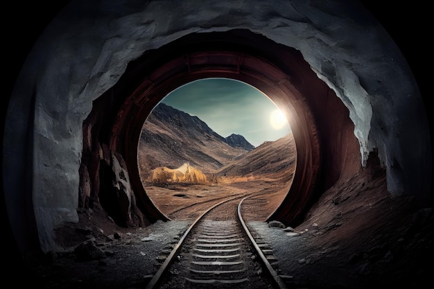 Mijntunnel met lichten die de weg verlichten en een zicht op het oppervlak erboven gecreëerd met generatieve AI