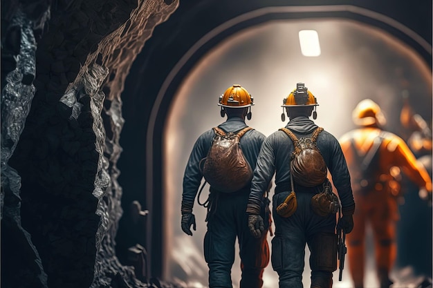 Foto mijnwerkers werken diep in een kolenmijnfaciliteit generative ai