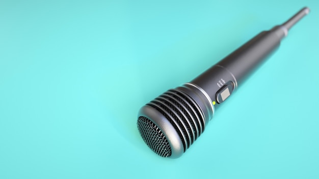 Mike microphone placed on a blue background. 3d rendering and illustration.