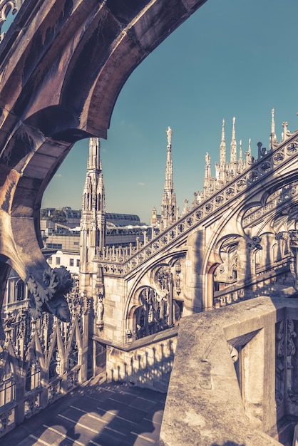 Milan Cathedral closeup Italy Detail of luxury stone decoration of roof