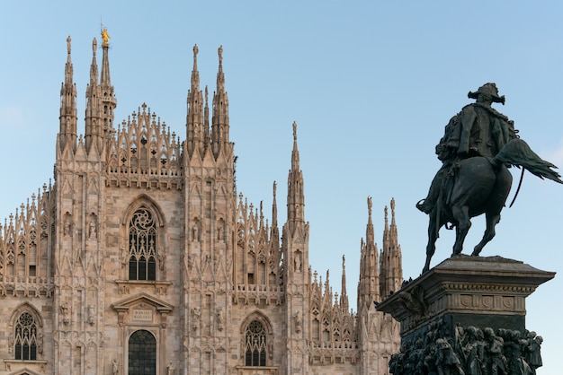 Milan Cathedral Duomo and Vittorio Emanuele II statue, Lombardy, Italy.