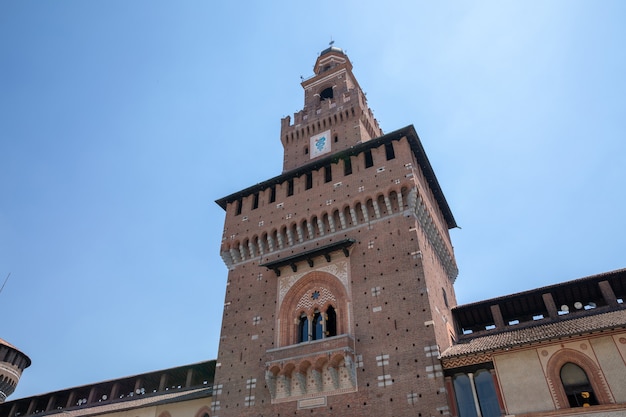 Milan, Italy - June 27, 2018: Panoramic view of exterior of Sforza Castle (Castello Sforzesco) is in Milan. It was built in the 15th century by Francesco Sforza