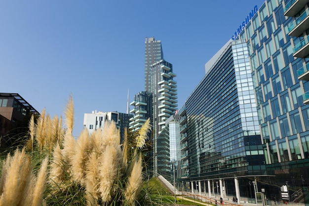 MILAN, ITALY-OCTOBER 30, 2016: Financial district view. Modern skyscrapers in Gae Aulenti square. Unicredit bank tower