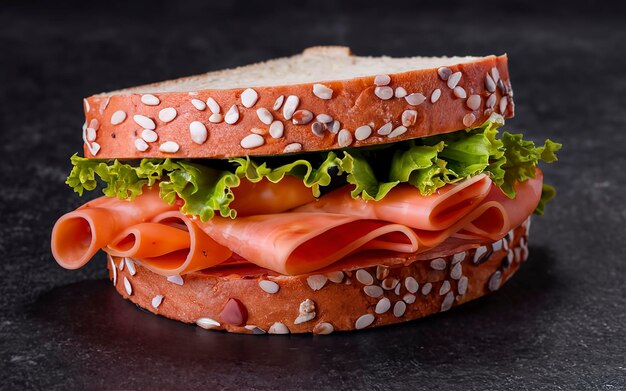 Foto sandwich milanese con salame su sfondo nero cibo italiano