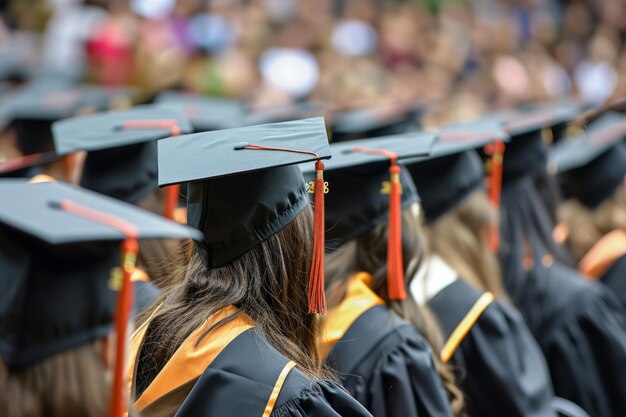 Photo milestone achieved graduating university women in caps and gowns