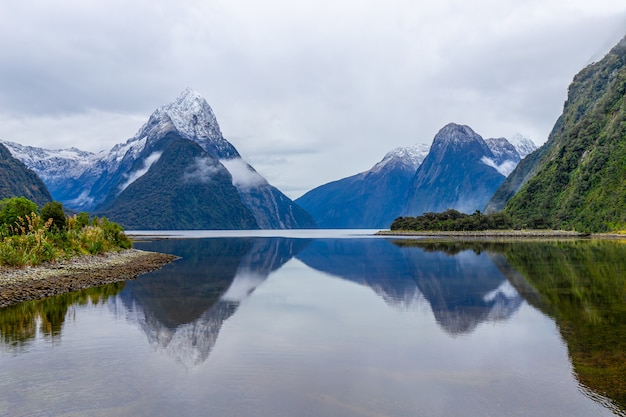 Milford Sound Mitre Peak, 피오르드 랜드 국립 공원, 남섬, 뉴질랜드