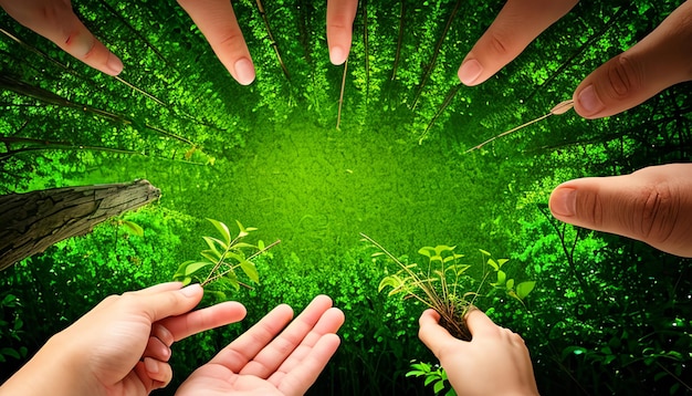Milieu Dag van de Aarde In de handen van bomen die zaailingen kweken Bokeh groene achtergrond Vrouwelijke hand ho