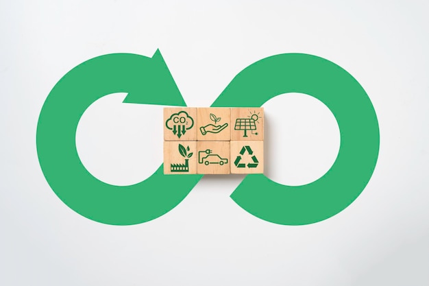 Foto milieu-iconen omvatten koolstofarme recycle groene fabriek met groen oneindigheidssymbool voor toekomstige duurzame circulaire economie investeringsgroei om het concept van milieuvervuiling te verminderen
