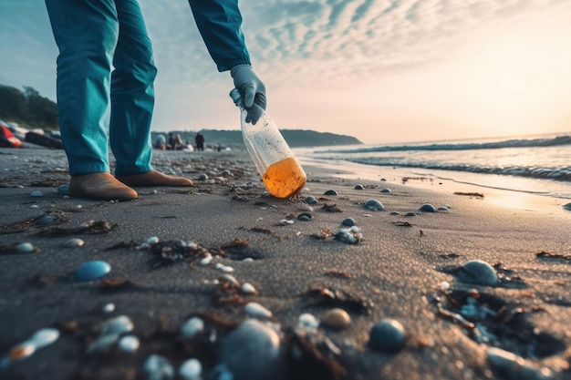 Milieubesmetting Vrijwilliger in beschermende handschoenen pakt een plastic fles op op het strand Close-up van hand Low angle view Copy space Het concept van het schoonmaken van de kustzone Generatieve AI