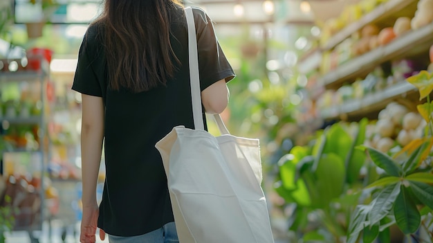 Milieubewuste shopper met een herbruikbare tas in de supermarkt