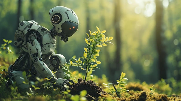 Milieuconcept Dag van de aarde Robothand met boom op de natuur met groen bos onscherpe achtergrond Ai gegenereerd