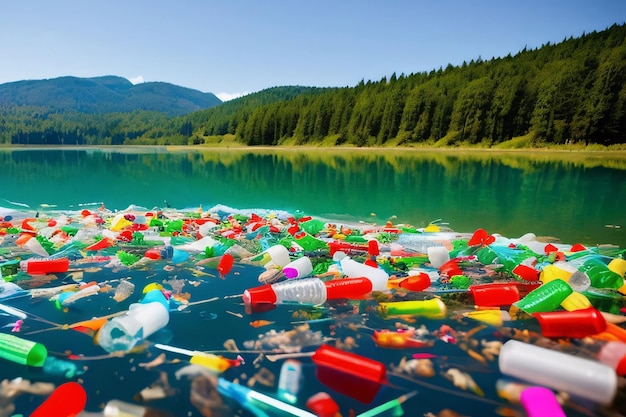milieuprobleem kleurrijk plastic afval in het water van een bergmeer