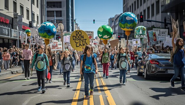 Foto milieuprotest gericht op activisten en spandoeken die oproepen tot actie tegen klimaatverandering