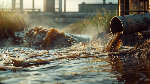 Milieuschadeconcept fabriek die giftig afvalwater door de pijp in een wilde rivier stort