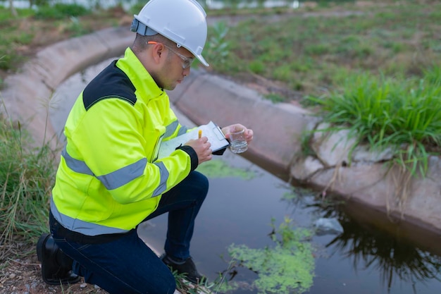 Milieutechnici inspecteren de waterkwaliteit Breng water naar het lab voor testen Controleer het minerale gehalte in water en bodem Controleer op verontreinigingen in waterbronnen