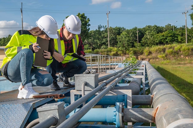 Milieutechnici werken bij afvalwaterzuiveringsinstallatiesWatervoorzieningstechniek werken bij Waterrecyclinginstallatie voor hergebruikTechnici en ingenieurs bespreken samenwerking