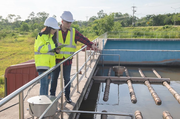 Milieutechnici werken bij afvalwaterzuiveringsinstallatiesWatervoorzieningstechniek werken bij Waterrecyclinginstallatie voor hergebruikTechnici en ingenieurs bespreken samenwerking