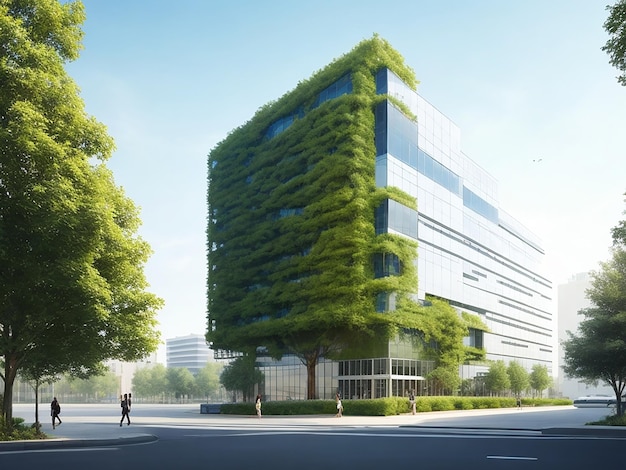 Milieuvriendelijk bedrijfsgebouw met een boom in een moderne stad met copyspace voor tekst