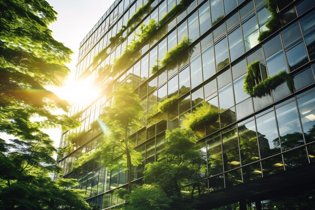 Foto milieuvriendelijk gebouw in de moderne stad duurzaam kantoorgebouw van glas met boom voor het verminderen van co2