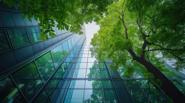 Foto milieuvriendelijk gebouw in de moderne stad groene boomtakken met bladeren en duurzaam glasgebouw voor het verminderen van warmte en koolstofdioxide kantoorgebouw met groene omgeving go green concept