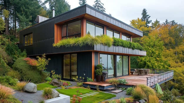 milieuvriendelijk hedendaags huis met planten die erover groeien voor natuurlijke verwarming en koeling