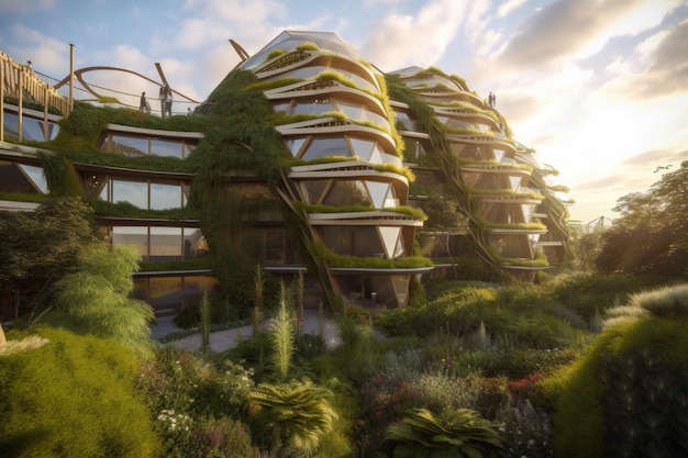 Milieuvriendelijk hotel met zonnepanelen en biologische tuinen op het dak gecreëerd met generatieve AI