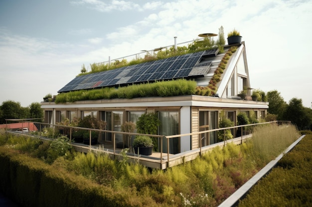 Milieuvriendelijk hotel met zonnepanelen en moestuin op het dak aangelegd met generatieve ai