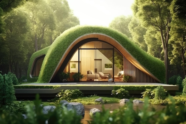 Milieuvriendelijk huis met een modern design en een sterke nadruk op duurzaamheid 3D render Generatieve AI