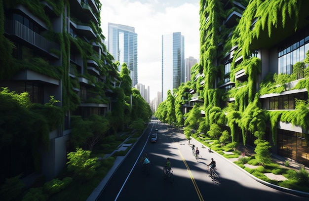 Foto milieuvriendelijk stadslandschap met groene daken en efficiënt openbaar vervoer