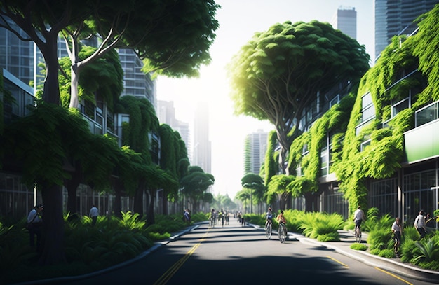 milieuvriendelijk stadslandschap met groene daken en efficiënt openbaar vervoer
