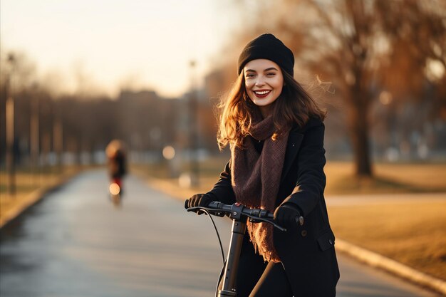 Milieuvriendelijk stedelijk vervoer Jonge vrouw rijdt op een elektrische scooter door de straten van de stad