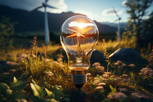 Foto milieuvriendelijk verlichtingszonnepaneel en windturbine activeren gloeilamp op grond