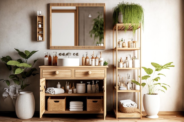 Milieuvriendelijke badkamer met houten meubels en biologische cosmetica in potten