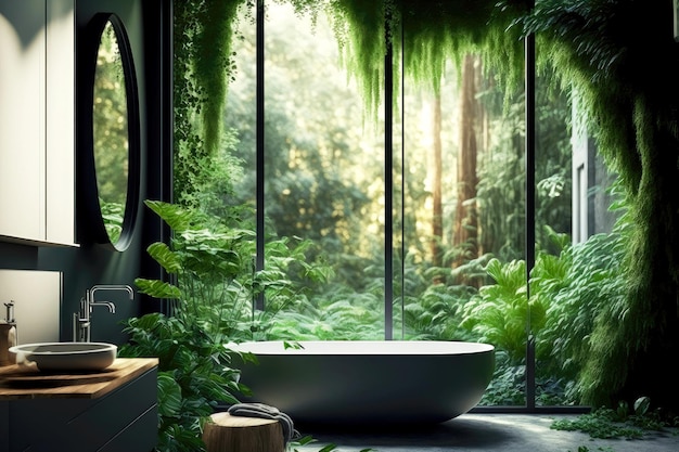 Foto milieuvriendelijke badkamer met stijlvolle grote ramen die uitkomen op groen