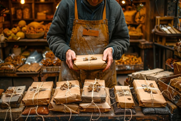 Milieuvriendelijke gourmetwinkel die klanten begroet met lekker vers voedsel, huishoudelijke versieringen en eco