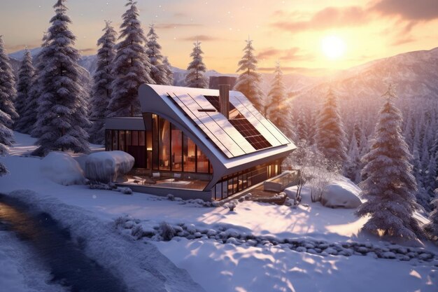 Milieuvriendelijke hut met zonnepanelen in een besneeuwd landschap gecreëerd met generatieve AI