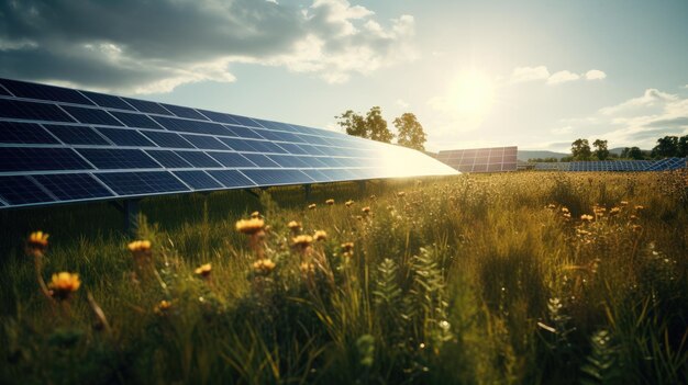 Foto milieuvriendelijke uitgestrektheid een groot veld herbergt zonnepanelen die het concept van groene energie symboliseren