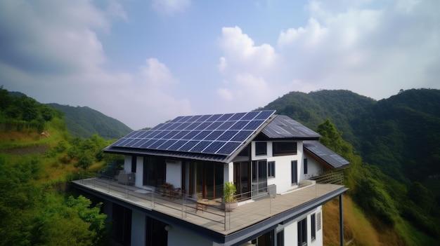 Milieuvriendelijke woning met zonnepanelen op het dak omringd door groene natuur Generatieve AI