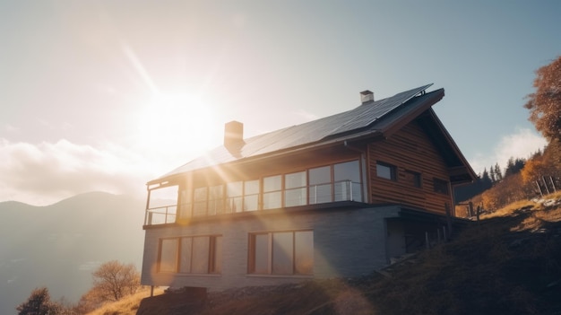 Milieuvriendelijke woning met zonnepanelen op het dak omringd door groene natuur Generatieve AI